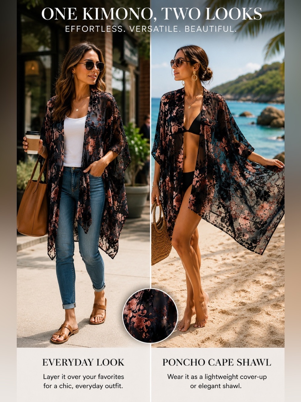 LOVE stitch pink black velvet floral kimono cardigan beach coverup shrug poncho